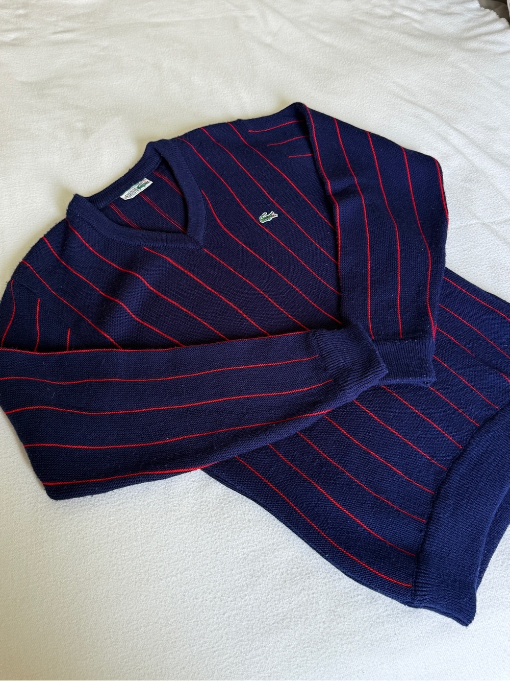 Lacoste Men's Navy V-Neck Sweater with Red Stripes